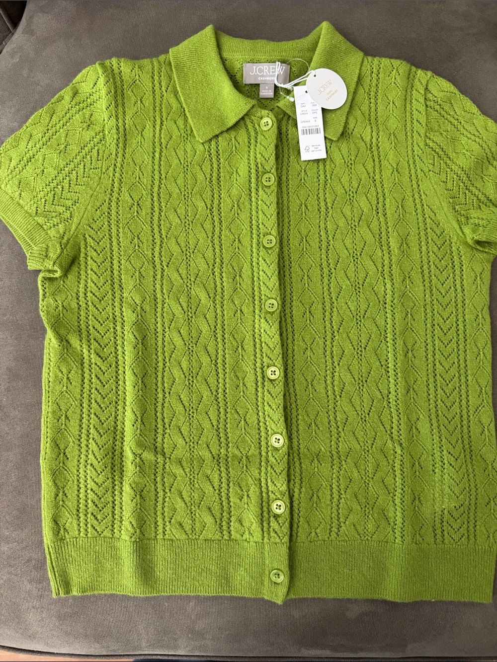 J. Crew Peridot (Bright Lime Green) Short-Sleeve Cashmere Cardigan